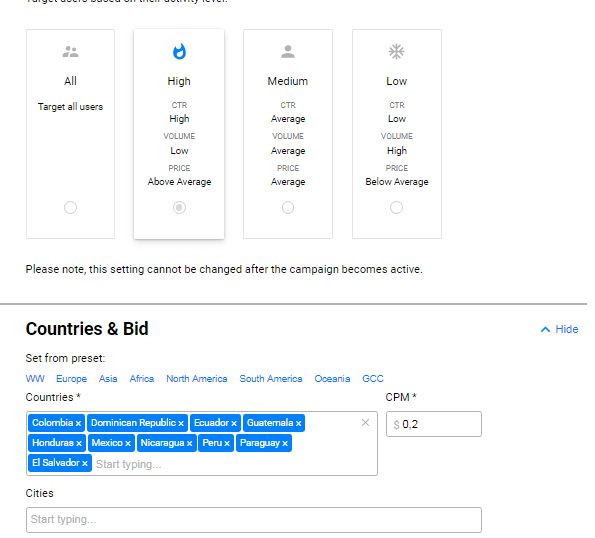 countries and bids settings