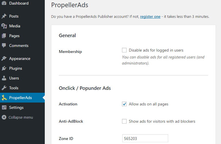 Install PropellerAds Plugin for WordPress